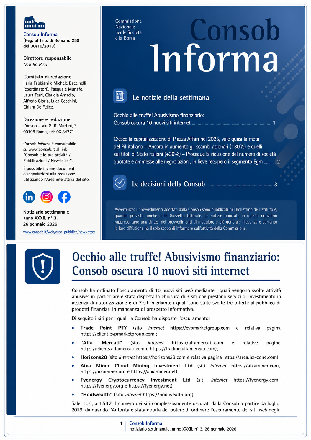 Copertina dell'ultima newsletter Consob informa
