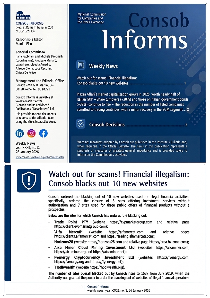 Cover of the latest Consob newsletter