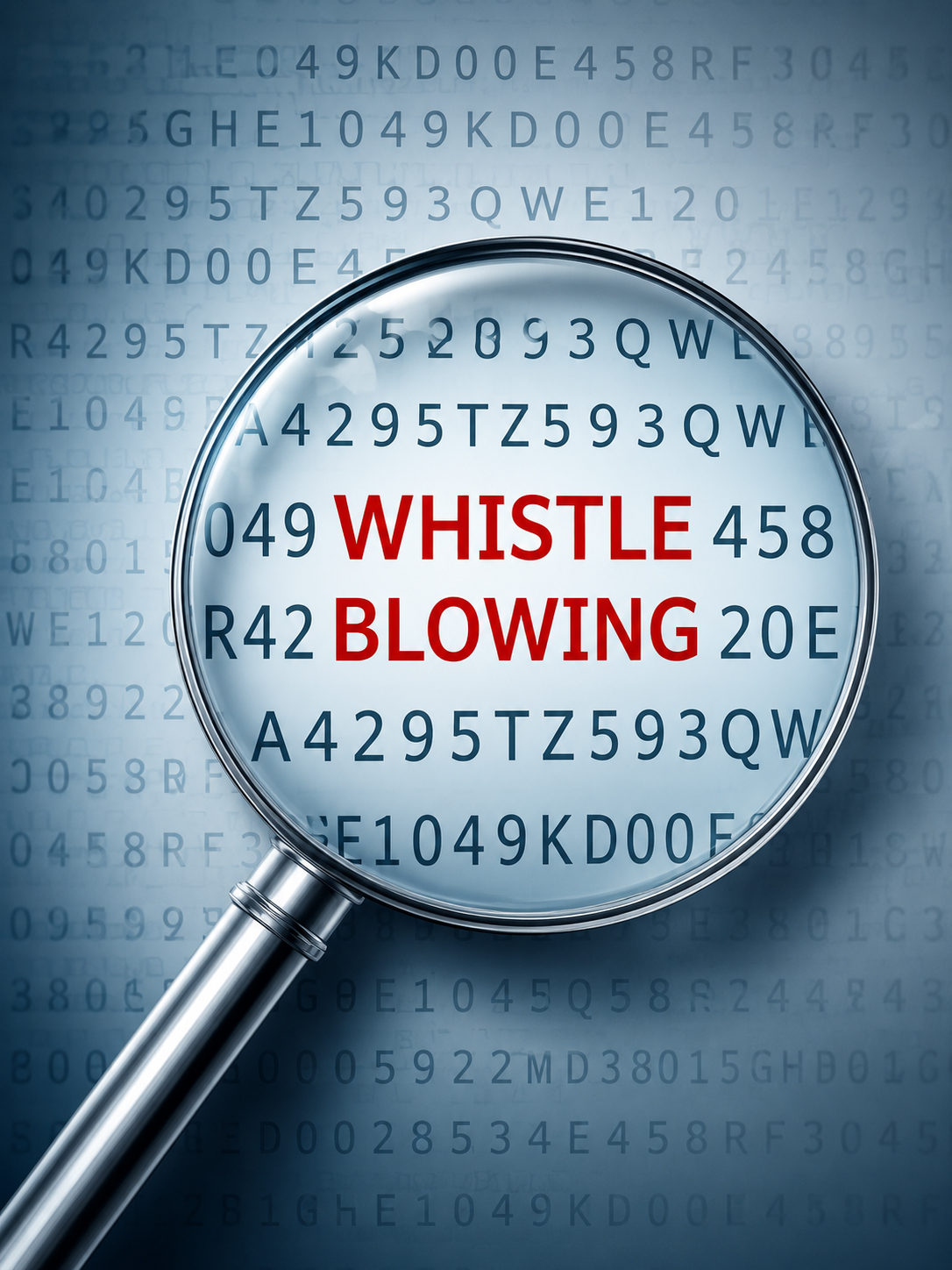Whistleblowing evidenziato da una lente di ingrandimento su codici alfanumerici